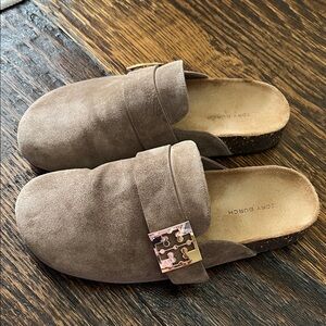 Tory Burch Taupe Suede Mule Slides with Gold Logo Buckle
